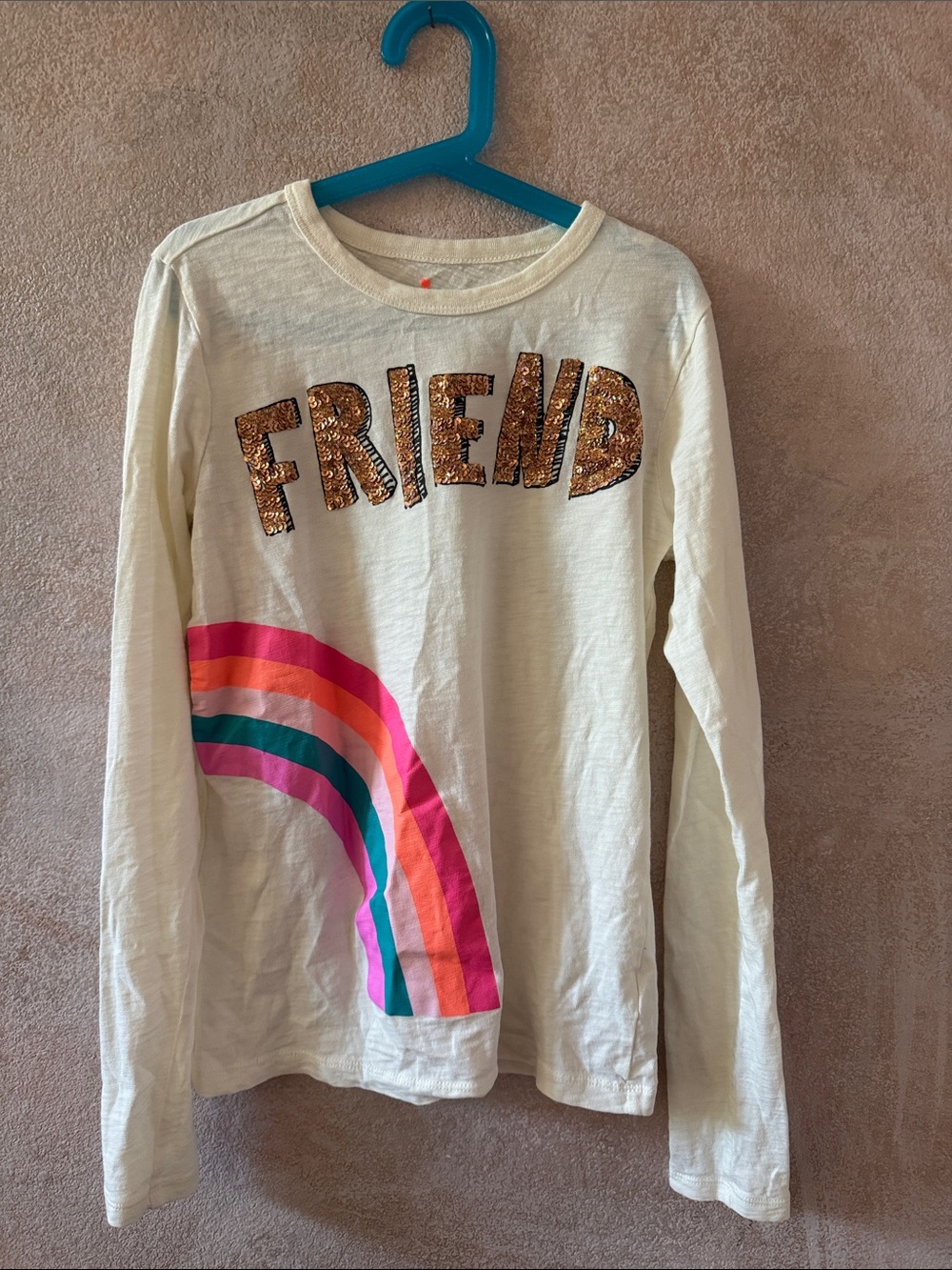 Crewcuts Cream Long-Sleeve 'FRIEND' Sequin Graphic Tee with Rainbow